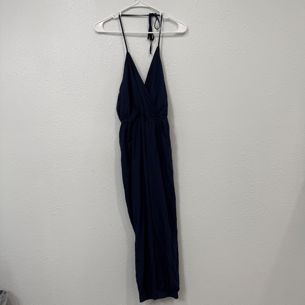 Lulus Navy Blue Halter Surplice Jumpsuit Small Pockets Jogger Cuff